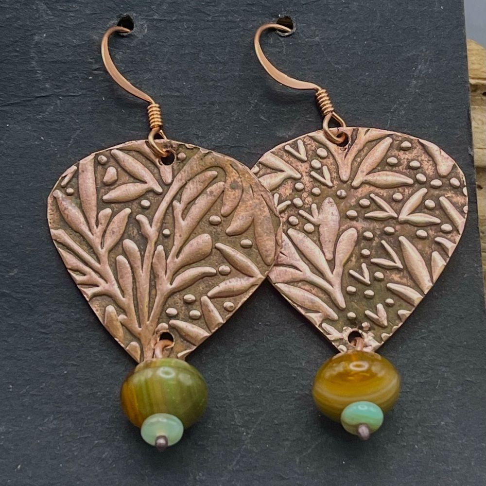 Copper Leaf Pattern Earrings with Beads